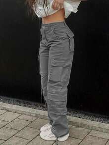 High Waisted Solid Color Side Cargo Pants For Women Baggy Y2k Straight Wide Leg Pants Casual Pants With Pockets Streetwear Sweatpants - 淺灰色 - 查看 4