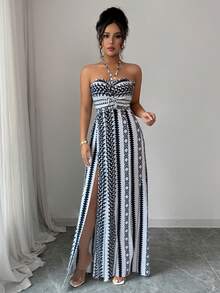 女士休闲优雅露背系带连体裤，波西米亚风格，适合海滩、度假、旅行、夏季和返校季穿着 - 黑與白 - 查看 6