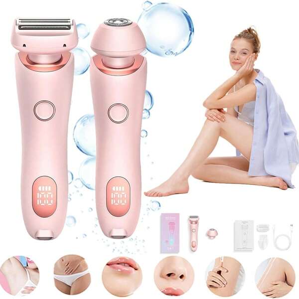 2-In-1 Women Electric Hair Remover, For Arms, Legs, And Face, Portable Wireless Bikini Trimmer With Detachable Head, IPX7 Waterproof Wet & Dry Use, USB Rechargeable