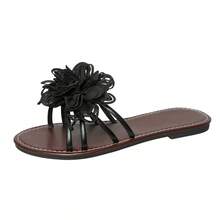 女式平底凉鞋雏菊度假 PU 皮革交叉荷叶边装饰轻便舒适夏季沙滩鞋