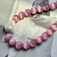 1 szt. Różowy naszyjnik z kamieniami szlachetnymi i perłą barokową, elegancki naszyjnik z koralikami z kamieniami szlachetnymi, damski naszyjnik z grubym łańcuszkiem, duży różowy naszyjnik z koralikami, wspaniały prezent - Różowy - Zobacz 5