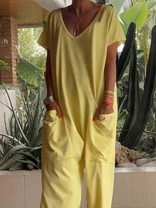 Women's Casual Solid Color V-Neck Pocket Short Sleeve Jumpsuits, Y2K Style Women's Clothing, Suitable For All Seasons, With Multiple Pocket Designs, Suitable For Outdoor Outfits, Cocktail Parties, Parties, Christmas, Nightclubs, Banquets Film Festivals, Cinemas, Balls, Cocktail Parties, Bars, Weddings, Graduation Ceremonies, Homecoming, Birthday Parties, Rebellious Girls, Festival-Themed Parties, Outings, Streetwear, Fashion Shows, Dates, Valentine's Day, Working Outside Universities, Schools, Villages, Concerts, Street Girls, Teenage Girls, Country-Style Women's Clothing, The Best Women For Outings, Ladies' Vacation Clothing, Country Concerts - 黃色 - 查看 3