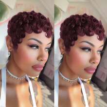 Curly Short Human Hair Wig For Black Women Pixie Cut Wig Wig For Women Human Hair Pixie Wig For Women None Lace Front Full Machine Made 99J Burgundy Short Wigs For Black Women Layered Pixie Haircut Wigs With Bangs Human Hair For Christmas,Daily Use