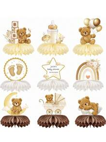 9件套 - 婴儿派对泰迪熊蜂窝中心装饰品，适合性别揭晓派对，奶油色蜂窝中心装饰品，餐桌装饰，儿童生日派对礼物，婴儿派对小礼物（棕色） - 棕色 - 查看 2