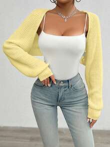 Áo khoác cardigan ngắn dệt kim gân tay raglan trơn màu dành cho nữ - Màu vàng - Xem 3