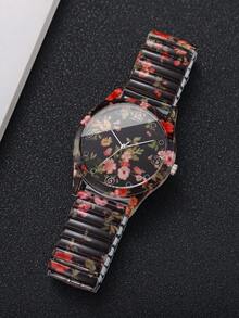 1pc Women's Elastic Band Fashion Casual Number Scale Dial Print Quartz Wrist Watch, Classic Stylish Design (1pc/Set, Watch Box Not Included) - 黑色 - 查看 6