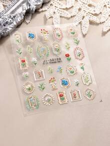 2 件不对称花卉框架玫瑰百合花束樱花郁金香花瓣彩色花朵 5D 美甲贴纸自粘美甲贴花