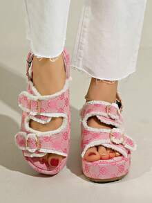 女士圆头厚底复古花卉印花厚底一脚蹬沙滩凉鞋，时尚百搭 - 粉色 - 查看 4