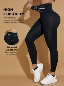 Women's High Waisted Solid Color Fitness Shapewear Leggings Black Spring Fall - Black - View 3