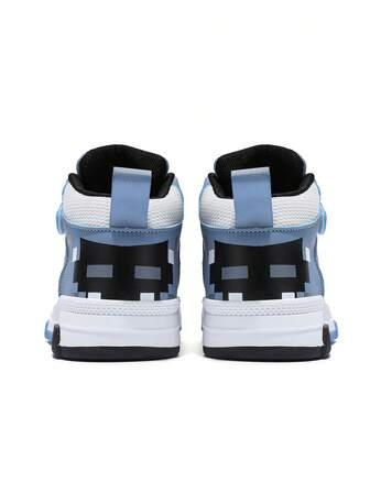 1 Pair Children's Mixed Material High-Top Sneakers, Fashion Leather Patchwork Waterproof Platform Comfortable Casual Sports Shoes, Suitable For All Seasons