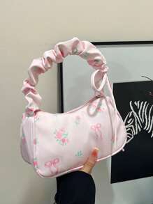 1 Peça Bolsa Transversal de Lona Floral Versátil, Bolsa com Alça de Ombro Casual Fofa com Cordão Embaixo do Braço, Portátil
