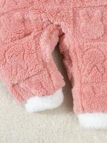 Baby Girls' Hooded Fleece Jumpsuit With Bow Decor, Long Sleeve Jumpsuit For Girls, Autumn/Winter - Pink - View 7
