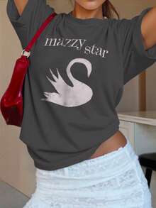 LOVE JOYY Mazzy Star Women's Casual Crew Neck T-Shirt, Cute Swan Cartoon Print, Band Short Sleeve Tee, Vintage 90s Band T-Shirt, Gift For Her, Suitable For All Seasons - Grey - View 4