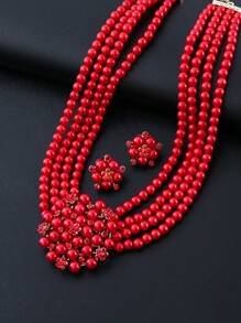 Juego de 3 piezas de collar, pendientes y joyas con flores y perlas falsas para bodas, cena y accesorios nupciales
