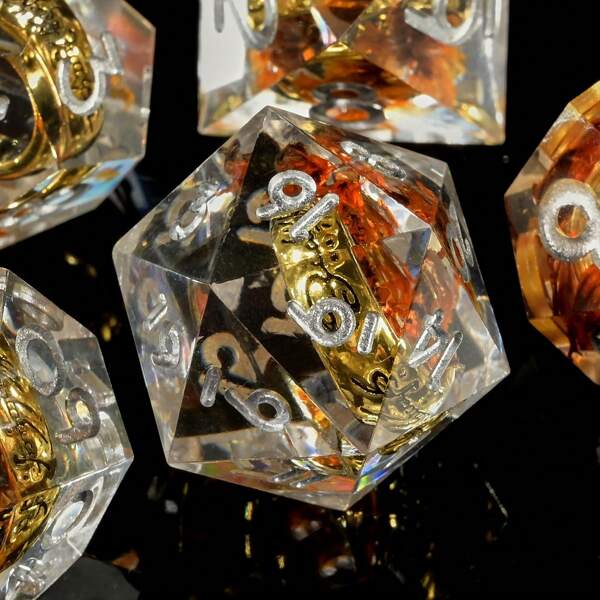 Magic Golden Ring Dice Set Sharp Edge Resin Dice With Case, Pink Flower Lord D And D Dice For Use With D&D RPG Role Playing Games, Polyhedral Dice Set D20 D12 D10 D8 D6