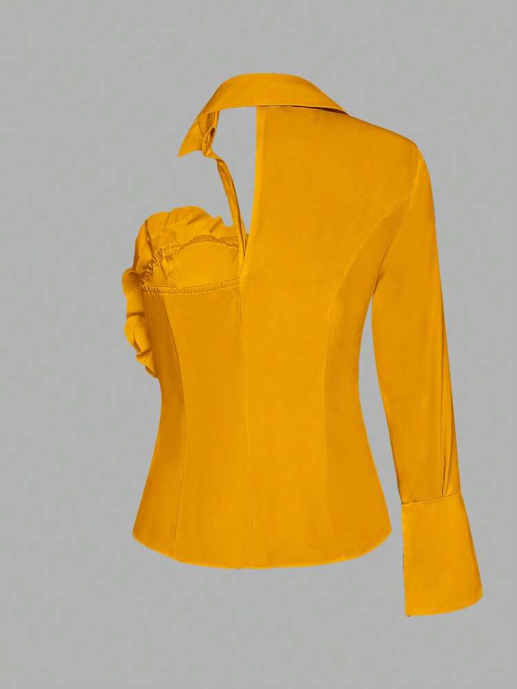 Blusa elegante de mujer con un elemento de diseño y dobladillo de volantes de unicolor - Amarillo - Añade 2