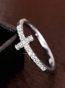 1pc Elegant Promise Ring, Fashion Cross Design With Shiny Cubic Zirconia, Engagement/Wedding Ring, Luxury Bridal Jewelry