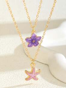 2pcs/Set Delicate & Fashionable Sweet 5-Petal Flower & Starfish Pendant Necklace, Suitable For Girls Wear To Beach, Party, Travel, Daily Occasions In Summer - Multicolor - View 8
