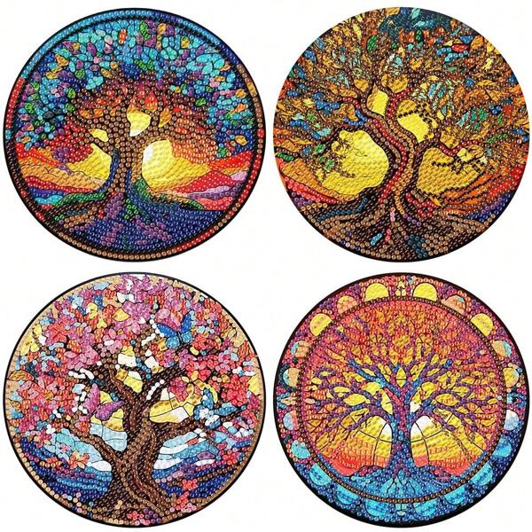 4pcs Sunset Tree Of Life Pattern Diamond Art Painting Placemat Set Frameless, DIY Mosaic Technology Heat Insulation Placemat, Arts And Crafts Set, Kitchen Table Decoration, Handmade Gifts, Suitable For Home Life Or Gifts To Relatives And Friends.