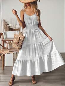 Vestido Liso Para Mujer Con Tirantes,Vestido Con Cintura Fruncida Y Elástico, Vestido Largo Con Ribete Fruncido - Blanco - Ver 1