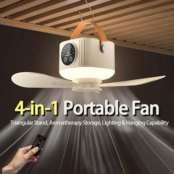 Elektrischer Campingdeckenventilator 3600/7200mAh, kleiner Ventilator für Schlafsaal mit Licht, Mückenplatten, 1-8h Timer, 4 Geschwindigkeiten, Outdoor/Innenraum Dreifuß Tischventilator
