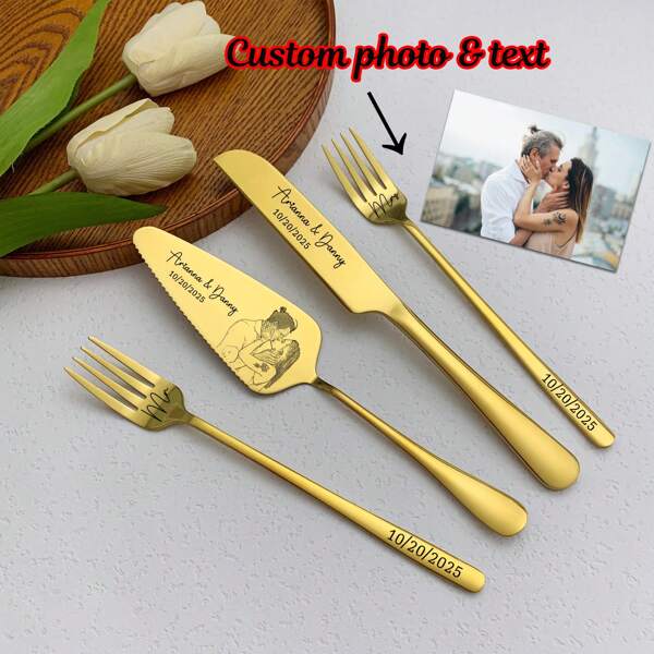 Engraved Photo Wedding Cake Cutting Set, Personalized Cake Server Knife And Forks, Custom Cake Cutter Serving Set For Bridal Shower, Wedding Gift, Unique Gifts For Anniversary Housewarming Birthday Christmas