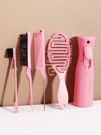 Set de 5 piezas de cuidado profesional del cabello, incluye botella rociadora, cepillo de masaje del cuero cabelludo, cepillo de control de bordes, peine de cola de rata, cepillo alisador, para alisar y peinar, adecuado para todo tipo de cabello