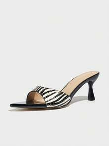 Women's Stiletto Heels Mules Sandals, Sexy Cinched Waist Wide Vamp Passionate Zebra Print Pointed Toe Graceful Kitten Heel Electroplated Silver High Heels, Fashion Night Party Runway Casual Indoors Outdoor Travel Avant-Garde Slippers Glossy Mysterious Luxurious Black High Heels - Black Zebra Print - View 5