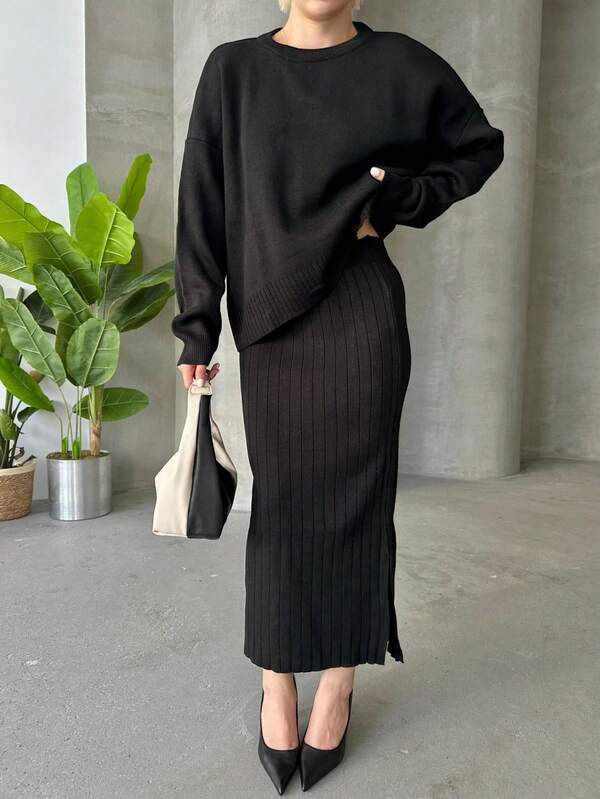 Button Detailed Skirt Set, Solid Color Casual Split Ribbed Button Co-Ord Set For Home Wear