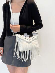 Túi đeo chéo da thời trang cổ điển, túi đeo vai phong cách Boho, túi đeo chéo tua rua đinh tán hình vuông, túi đeo chéo thông thường cho du lịch và hàng ngày, túi đeo chéo công sở di động Hobo Fringe Túi đeo chéo nhỏ - trắng - Xem 6