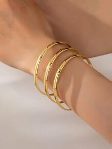 3 Pieces/Set Retro Simple 18K Gold-Plated Smooth Closed Bracelet Stack Suitable For Women's Daily Wear And Wedding Gifts