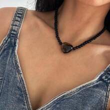 1 pieza de collar con cuentas de ágata negra y colgante de ojo de tigre con forma de corazón, collar de cuentas de ágata negra, collar diario de estilo bohemio
