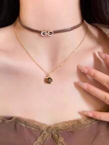 2pcs/Set Elegant Artificial Tigereye Multi-Layer Necklace, Gold Rhinestone Decorated Double Layer Chain Necklace, Charm Necklace For Women Shopping, Party, Ball, Date