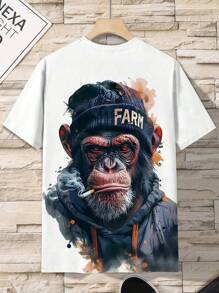 Camiseta de hombre con estampado 3D de gorila fumando, informal y cómoda de cuello redondo y manga corta, adecuada para actividades al aire libre en verano