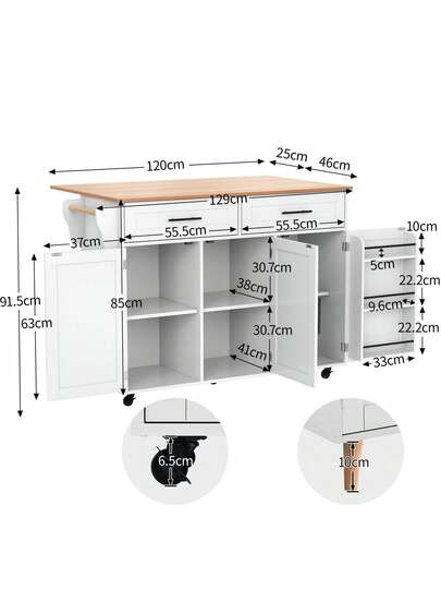 Kitchen Isl Sideboard Marble Effect Worktop, Extendable Tabletop Storage Space, Serving Trolley Wheels Drawers, Ideal Dining Room view 4