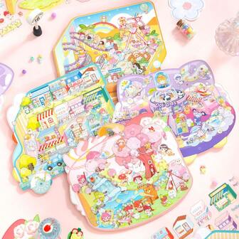 2*PET贴纸+1*场景卡 3D景观贴纸 趣味大型风景贴纸 卡通可爱DIY微缩场景贴纸 3D场景手册和安静书籍