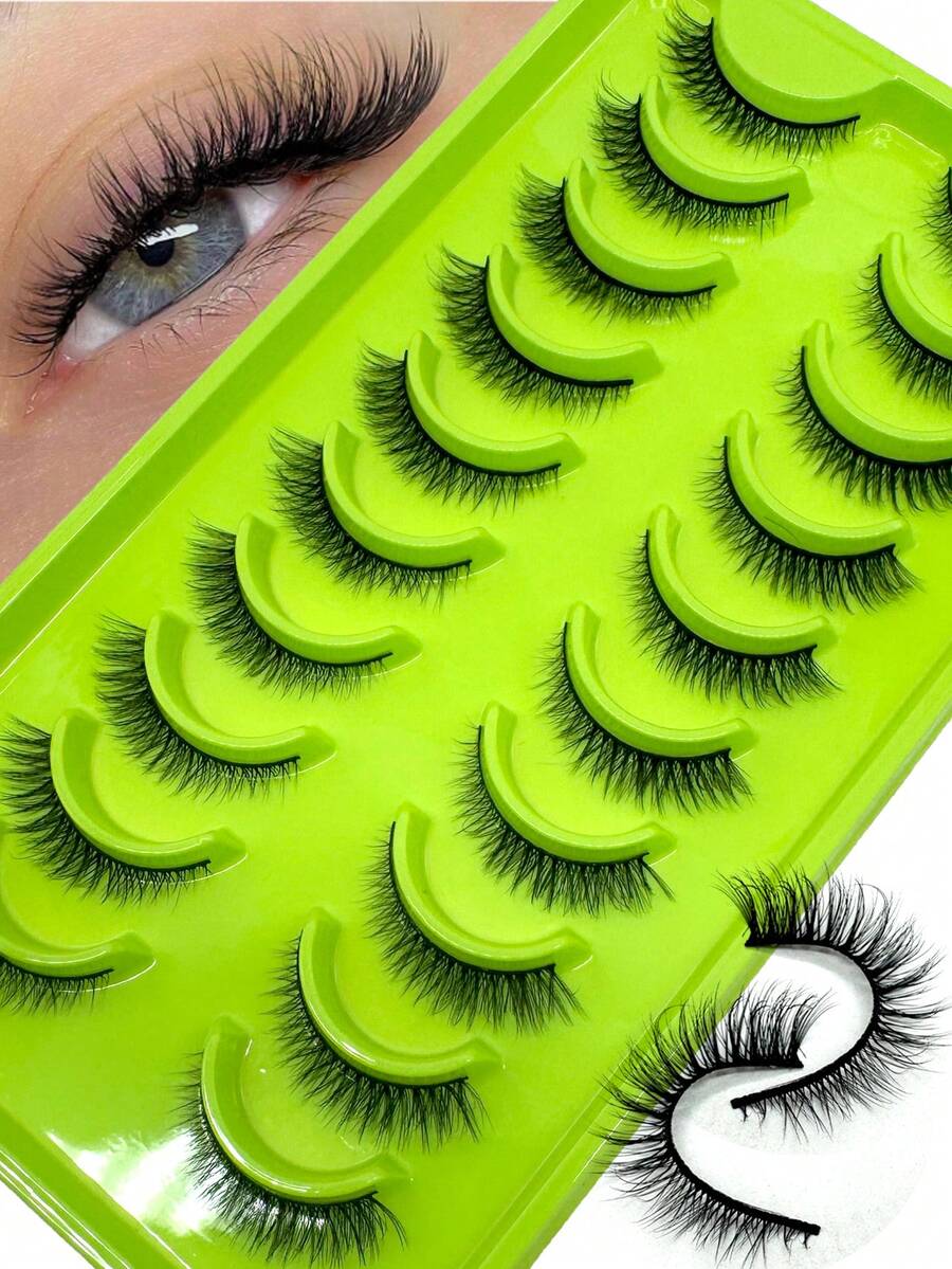 10 对猫眼 3D 水貂睫毛，柔软蓬松卷曲手工假睫毛，自然妆容假睫毛，浓密卷翘睫毛，睫毛，睫毛，假睫毛 - 自然纖長款 - 查看 1