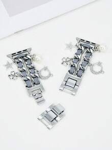 1 件银色星形吊坠表带，适用于女士，兼容 表带 38mm40mm41mm42mm44mm45mm46mm49mm，链条式皮革手链，兼容 Series 10/9/8/7/6/5/4/3/2/1/SE/Ultra，可调节腕带，情人节礼物 - 銀色 - 查看 5