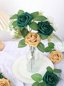 Conjunto com 30 ou 7 unidades de flores artificiais com hastes, flores de espuma verde-escuras, 8 cm de diâmetro, toque realista, rosas de espuma para projetos DIY, ideais para buquês de casamento/decoração de mesas, cenários para festas ao ar livre, decoração de ambientes/mesas, jardins/vasos de plantas, Dia dos Namorados, Dia das Mães, aniversários e também como presentes. - Verde escuro - Ver 6