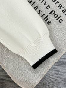 1pc Fashion Collared Black Trim Long Sleeve Knitted Dress, White Ruffled Sweater Dress' - Beige - View 4