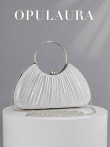 OpulAura 女士金属魅力晚宴包，奢华皮革手拿包，适合宴会、庆典、舞会、婚礼、伴娘、生日礼服配饰 - 銀色 - 查看 2