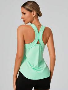 ملابس علوية أكمام بلا أكمام للنساء، ملابس علوية رياضي فضفاض مناسب للتنزه والجري والجيم والرياضة اليوغا في الصيف - أخضر - مشاهدة 1