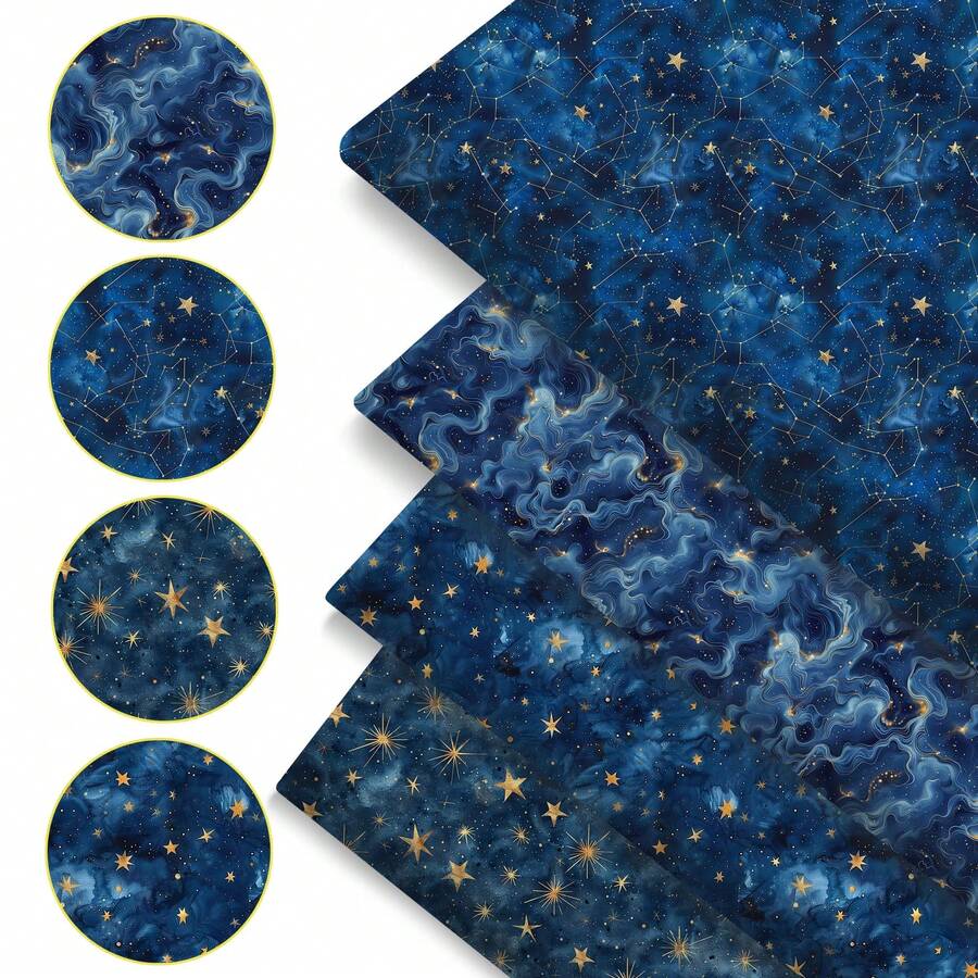 4片/套 7.87x7.87英寸（20x20厘米）四分之一码行星太阳系星系系列预裁绗缝面料，涤纶绗缝方块布，适用于拼布、DIY手工项目、DIY钱包制作 - 多色 - 查看 1