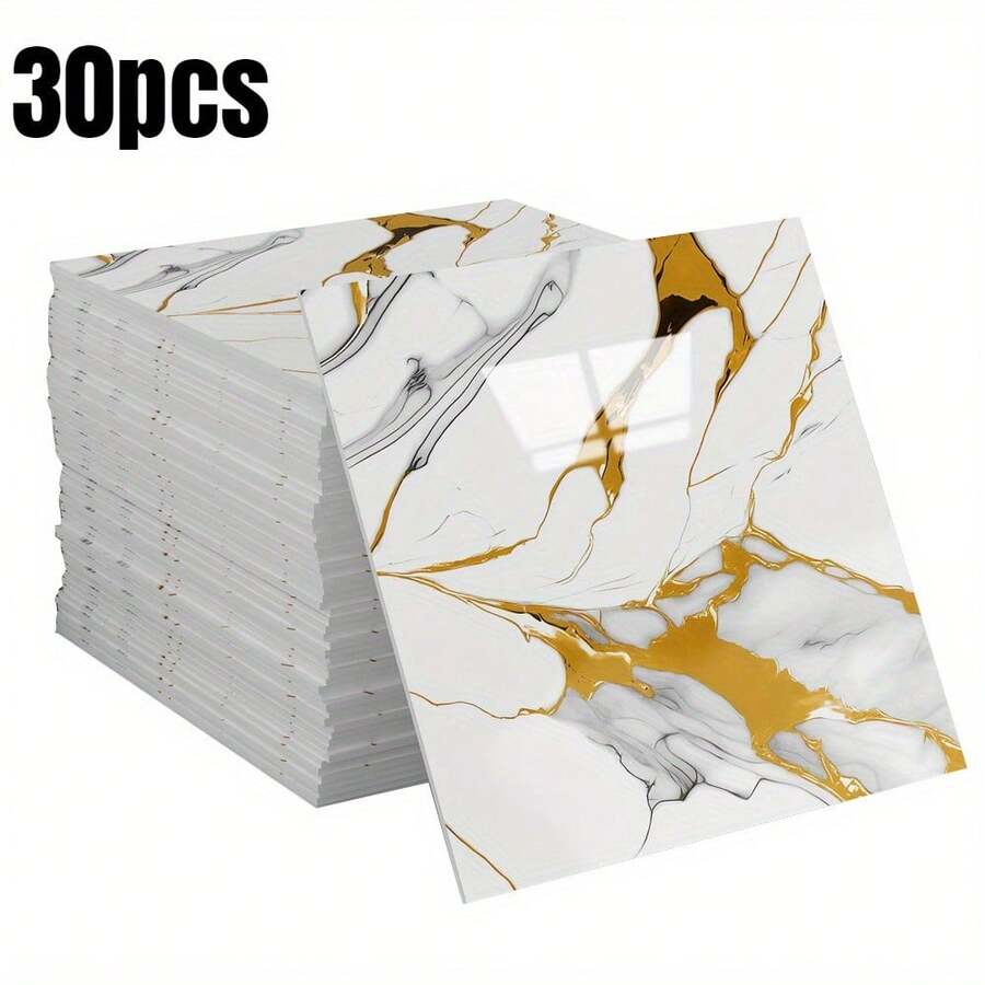 30pcs Gorgeous Marble Gilt Sticky Wallpaper, Glossy Imitation Ceramic Tile Wall Stickers, Self-Adhesive Wall Paper, Wall Decoration Wall Paper, 3d Texture, Bathroom Bathroom Kitchen Wall Background Wall, Home Decor, Room Decor - Multicolor - View 1