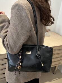 1 pieza Bolso de bolos de unicolor de PU con cierre de cremallera acolchado, gran capacidad, bolso de hombro de moda, estilo retro - Negro - Ver 3