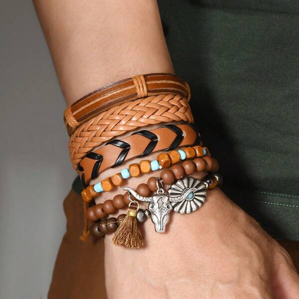 6pcs Bohemian Style PU Leather Handmade Braided Unisex Fashion Bracelets - Vintage Flower, Bull Head, Tassel Decoration, Versatile Accessories, Suitable For Daily Wear, Gifts For Family & Friends, Holiday Gifts