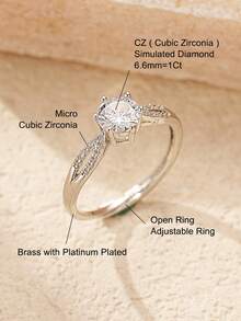 1 件 CZ 单石戒指，订婚可调节戒指，带礼盒，仿钻石白金戒指，适合女友妻子 - 白金 - 查看 5