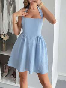 Unadoll Women's Neck Hanging, Backless Zipper Design Short Casual Dress Suitable For Beach Vacation, Daily Home, Back To School, Music Festival - Blue - View 1