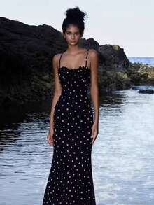 New Women's Summer INS French-Style Elegant Slim-Fit Backless Polka Dot Spaghetti Strap Dress  Polka Dot  Colorblock    Party  Elegant    Backless  Criss Cross  Zipper    Formal & Evening - 黑色 - 查看 3