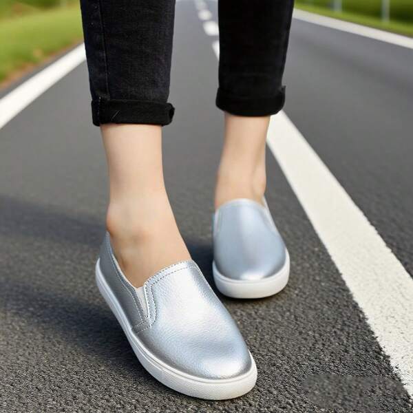 Women Plain Casual Loafers, High-Quality Leather Upper&Soft Sole, Silver Versatile Flat Shoes